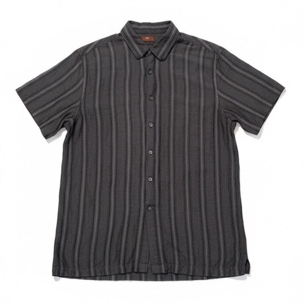 Perry Ellis Men Gray Linen Blend Striped Button Up Short Sleeve Shirt L Preppy